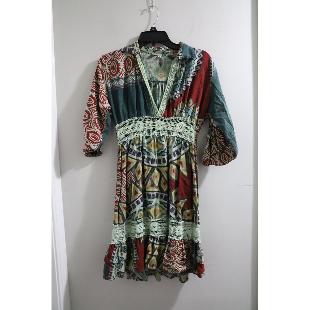 Boho Patchwork Print‎ Dress Medium Festival Resort Cottagecore Unique